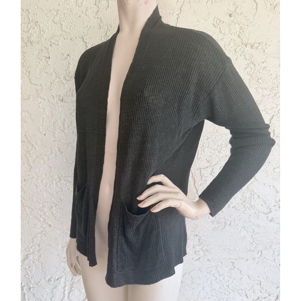 EILEEN FISHER Gray Organic Linen Open Front Cardigan Sweater Pockets Size PM